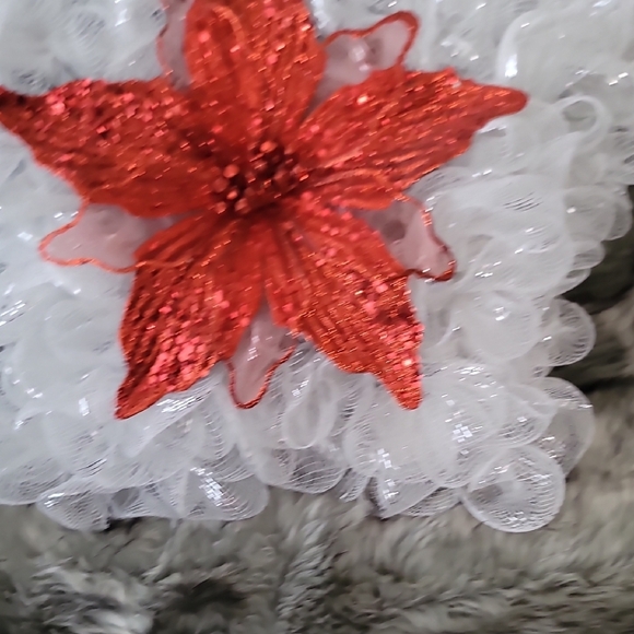 Festive White Mesh Star with Red Glitter Poinsettia - Picture 5 of 11